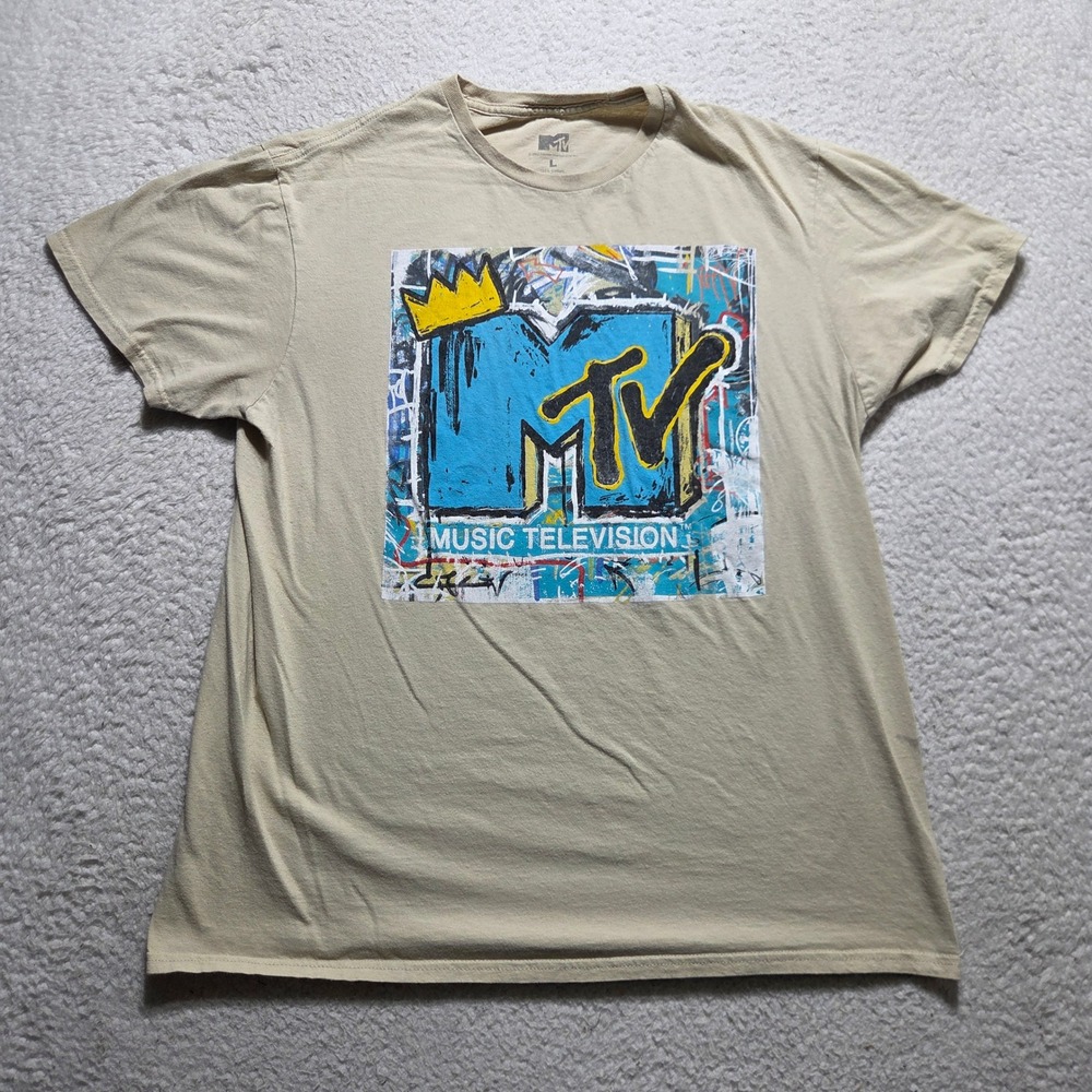 MTV T-Shirt Women Large Tan Graffiti Logo Music Television Pop Culture Retro